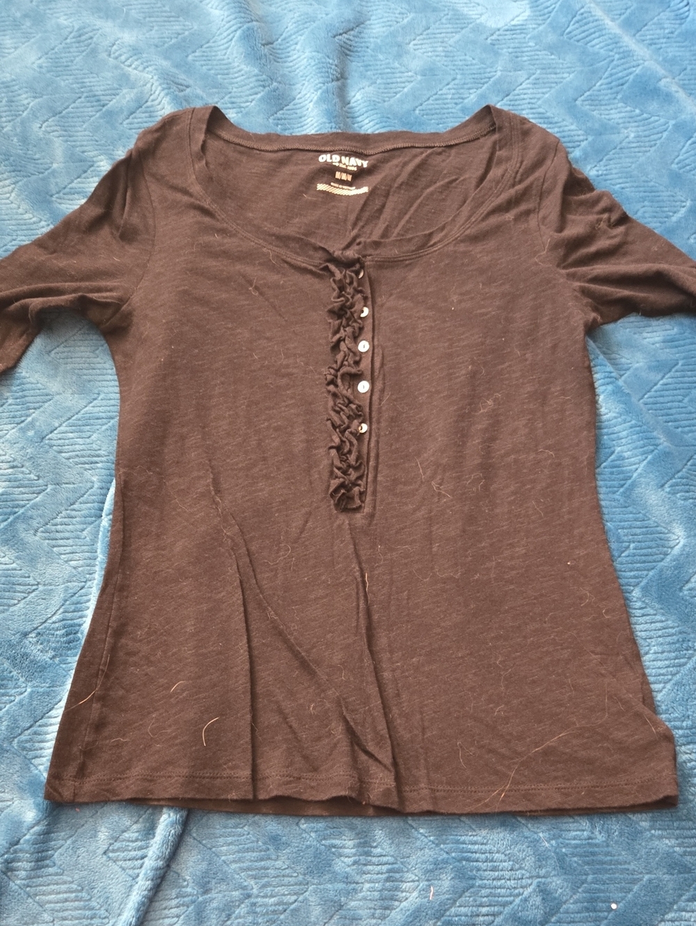 Old Navy Black Long-Sleeve Scoop Neck Top with Ruffle Button Placket